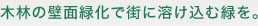 木林の壁面緑化で街に溶け込む緑を。